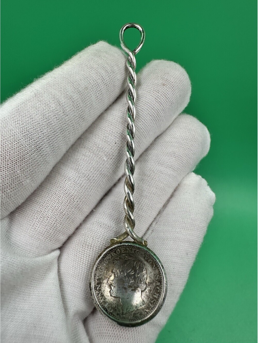 Antique 1861 German States Saxony Silver Thaler Coin Spoon w/1861 Einen 6 Coin